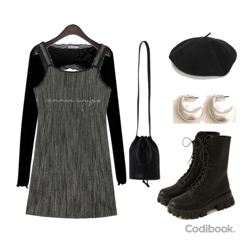 AWAB 디어베레모,common unique DESON MATT CURVE EARRING,common unique KORID LACE-UP HIGH WALKER등을 매치한 코디
