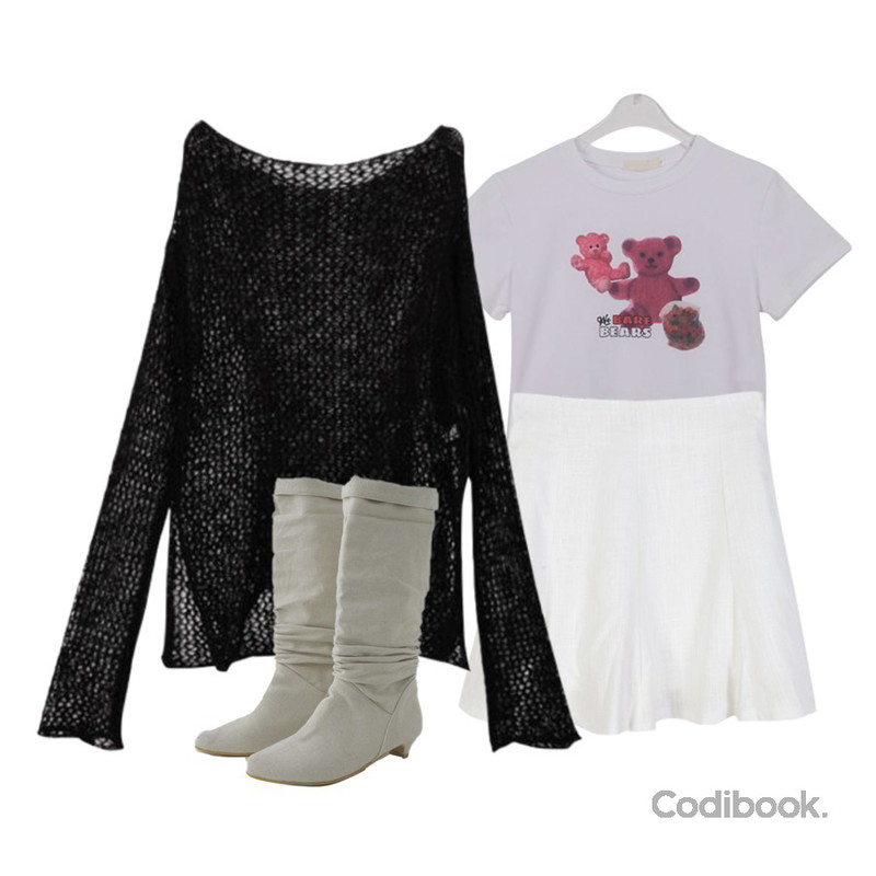 AFTERMONDAY canvas crease boots (2colors),binary01 언발 아트 시스루니트,dangosister 쭉쭉미니플레어SK(4c)♥반바지안감등을 매치한 코디