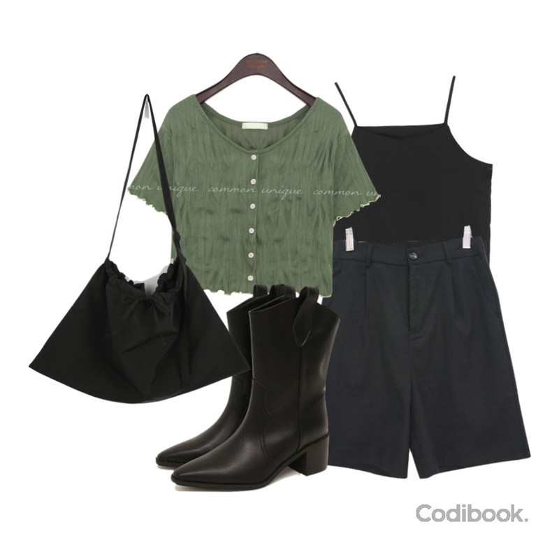 common unique WINT WRINKLE COLORING 1/2 CARDIGAN,BULLANG GIRL 이닝 린넨 숏 팬츠,WONLOG 나잇 끈 나시등을 매치한 코디
