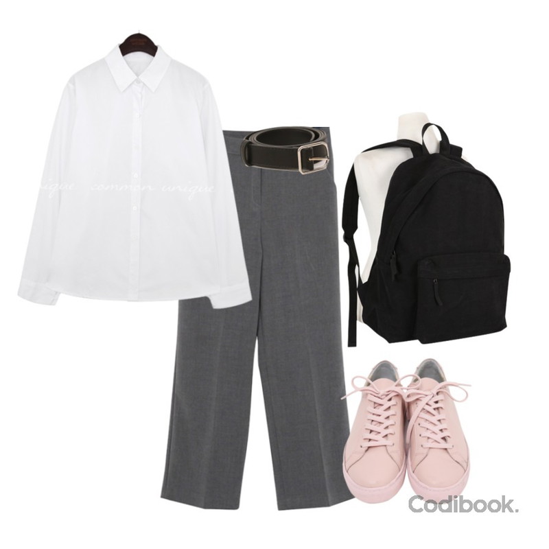 BULLANG GIRL 컬러풀에코 백팩,From Beginning Formal daily slacks_B (size : S,M),From Beginning Win real cowskin sneakers_H (size : 225,230,235,240,245,250)등을 매치한 코디