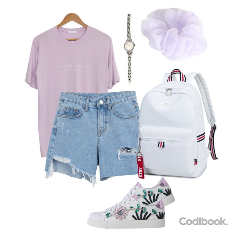 LOVELY SHOES 아이두 큐빅 스니커즈 2.5cm,ENVYLOOK 큐빅메탈와치,BULLANG GIRL RB밴드 백팩 + 키홀더포함♡등을 매치한 코디