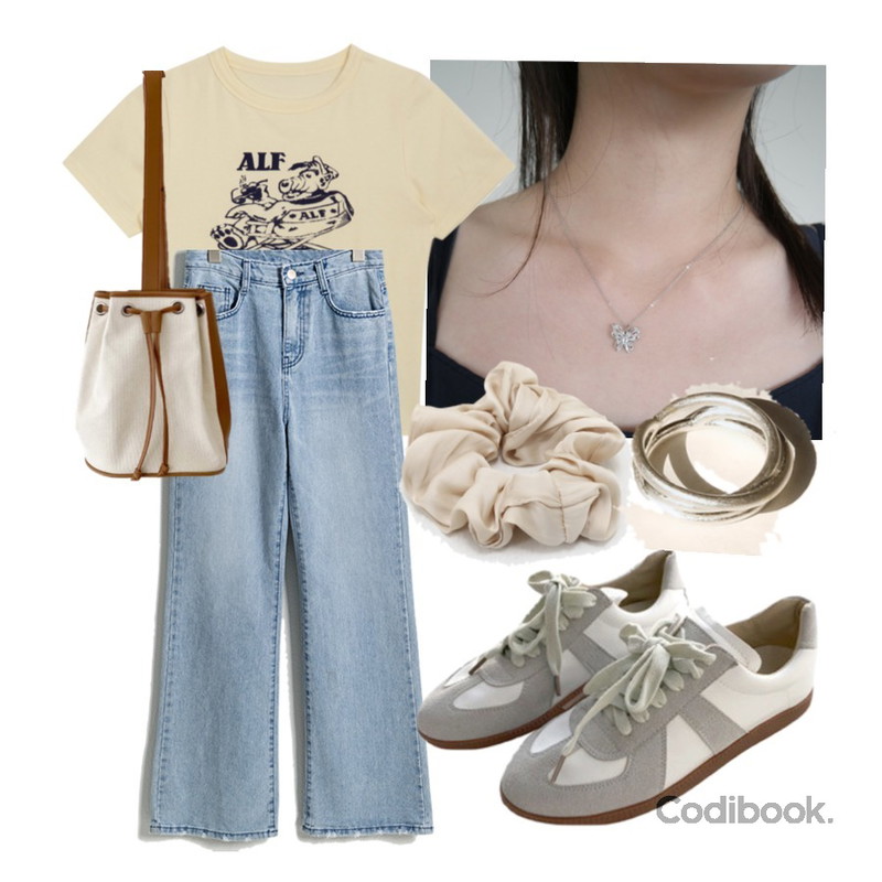 ENVYLOOK 마르지에스니커즈,MINIBBONG 매니 캔버스백,REDIT 데일리 앵클 랭스 데님등을 매치한 코디