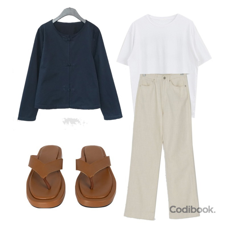 AFTERMONDAY minimal gabardine knot button jacket (khaki),BANHARU 크리미 슬림부츠컷 코튼팬츠,MIXXMIX 7264 무드업 쪼리등을 매치한 코디