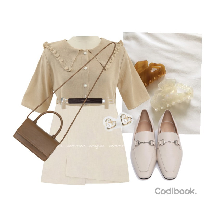 From Beginning Silver buckle flat loafer_P (size : 225,230,235,240,245,250),common unique RENDI LINEN UNBAL MINI SKIRT,lavenir milky hair pin등을 매치한 코디