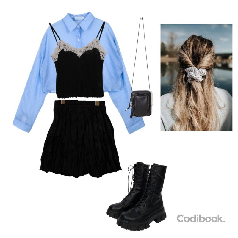 binary01 미니 오제 힙&크로스백,binary01 레이스 듀잇 크롭나시,binary01 주름 크리 미니스커트등을 매치한 코디