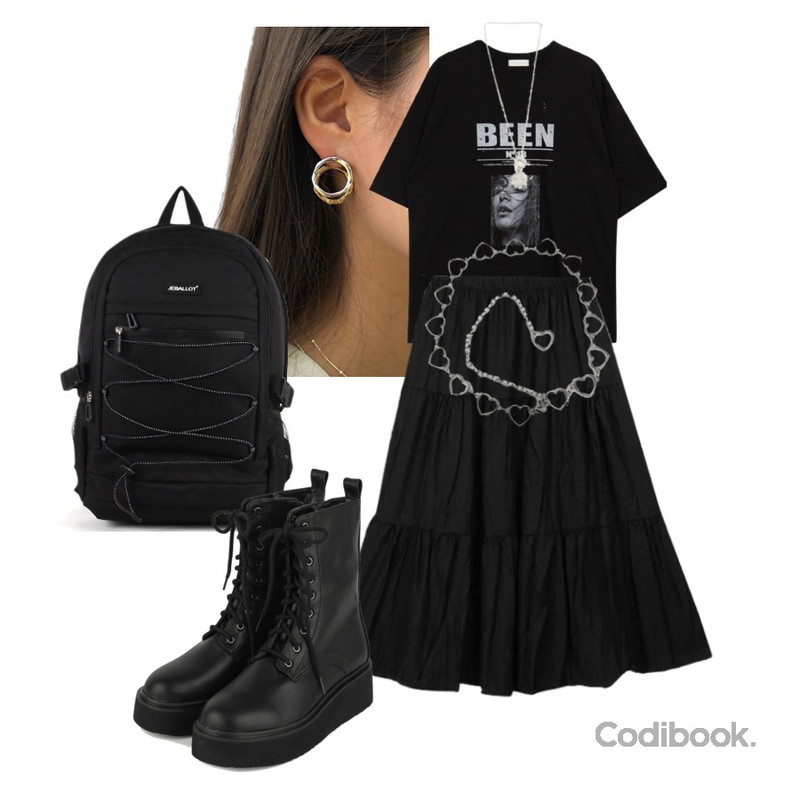 lavenir closer earring,BULLANG GIRL YB엑스라인 백팩,MIXXMIX 빈 박스 티셔츠등을 매치한 코디