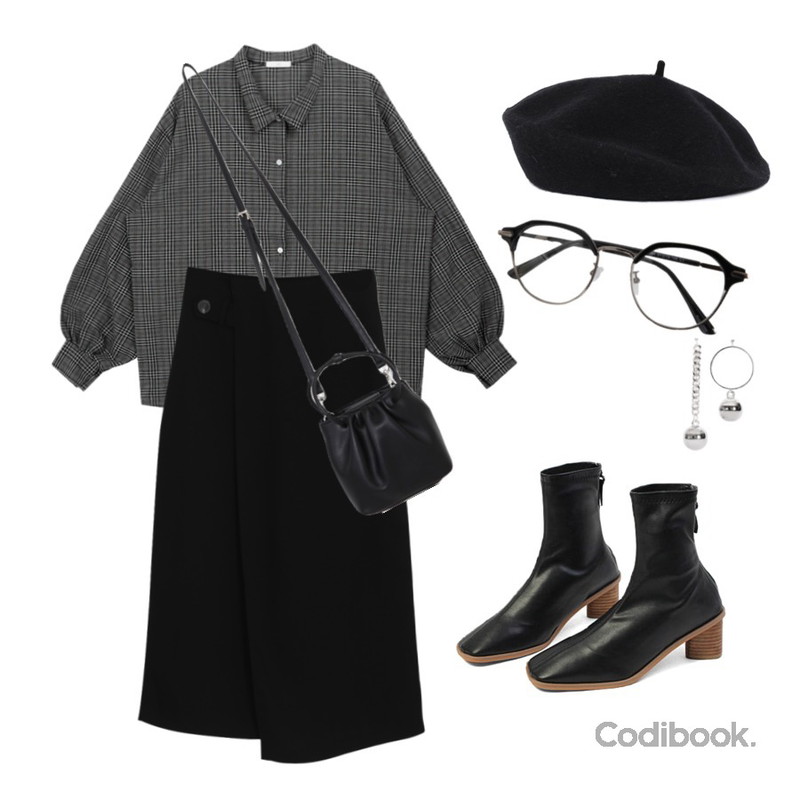biznshoe Simple beret,biznshoe Unbal ball earring,MIXXMIX 벌룬 박시 체크 셔츠등을 매치한 코디