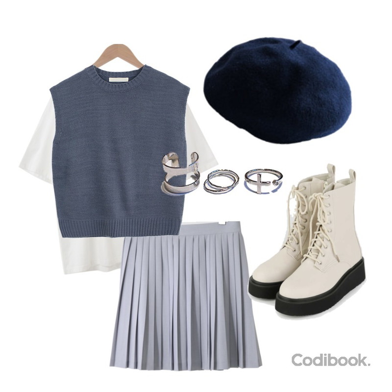 biznshoe Mod chic 3sets ring (2color),ENVYLOOK 울로프베레모,From Beginning 뮤즈 플리츠미니스커트 (4color)등을 매치한 코디