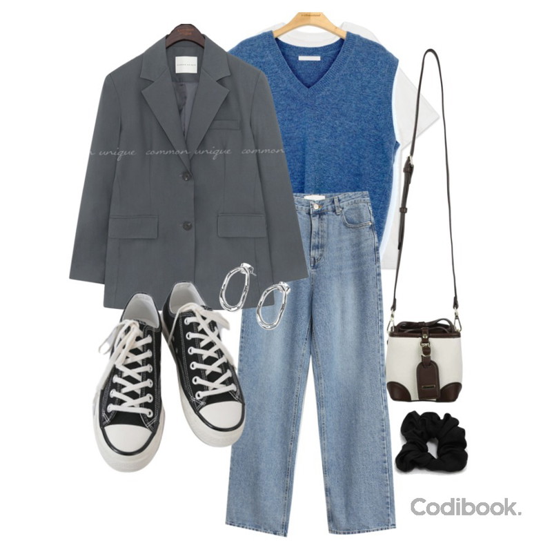AFTERMONDAY basic casual color sneakers (10colors),From Beginning 벨로새틴 슈슈헤어밴드 (5color),common unique ESSENTIAL SET-UP SINGLE JACKET등을 매치한 코디