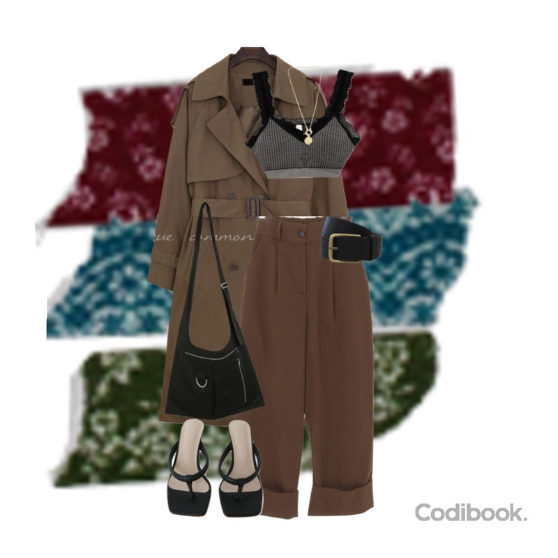 BITDA 카르빈 belt (2color),common unique MOHABI DOUBLE TRENCH COAT,AFTERMONDAY gentle line flip flops heels (4colors)등을 매치한 코디