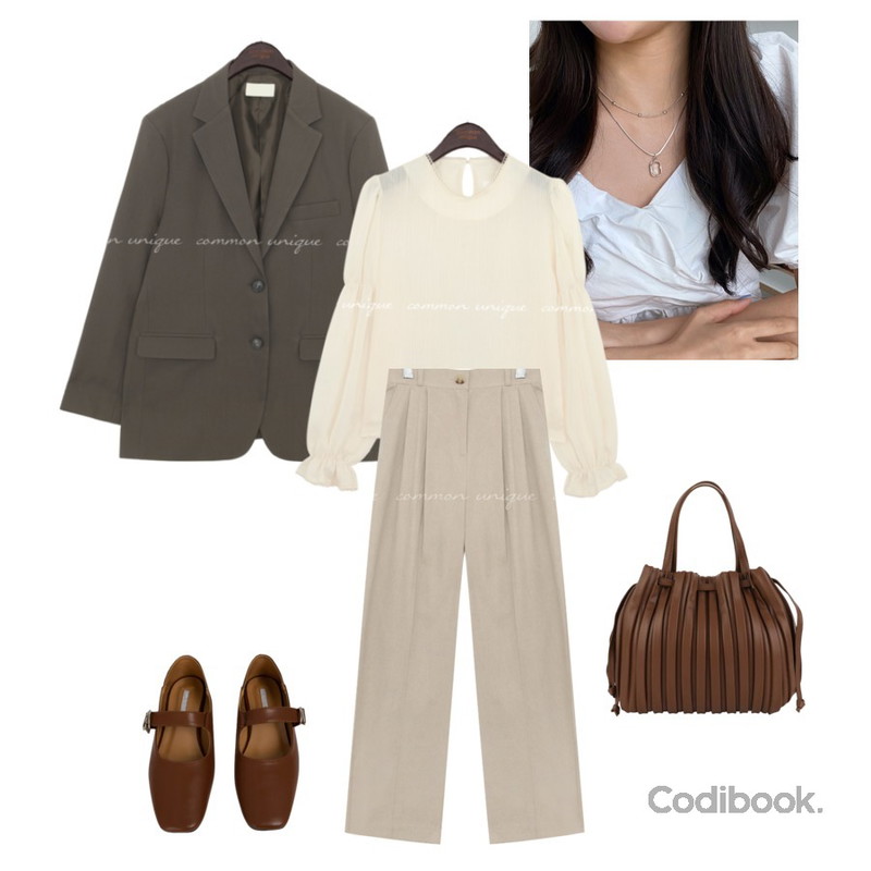 MIXXMIX 하이메리 플랫슈즈,common unique FROW BOXY FIT SINGLE JACKET,common unique RUMOD WASHING WIDE PANTS등을 매치한 코디