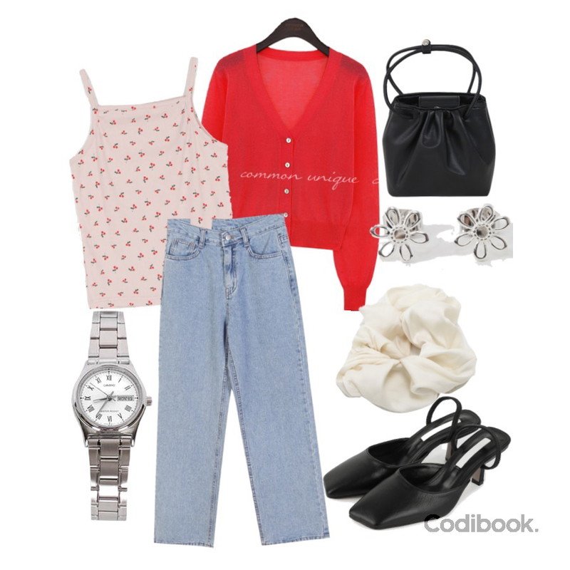 biznshoe LTP-VOO6D-7BUDF,From Beginning 미니플라워 실버귀걸이,common unique CHICHI LINEN CROP KNIT CARDIGAN등을 매치한 코디