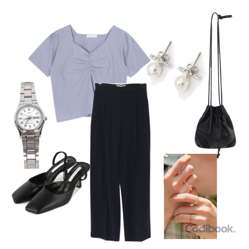 biznshoe LTP-VOO6D-7BUDF,Zemma World Zem No.390 (earring),MIXXMIX 셔링 블라우스등을 매치한 코디