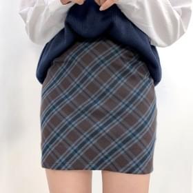 사선 체크 미니 스커트