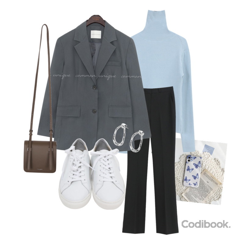From Beginning Win real cowskin sneakers_H (size : 225,230,235,240,245,250),UPTOWN HOLIC 스퀘어무드 bag (*3color),common unique ESSENTIAL SET-UP SINGLE JACKET등을 매치한 코디