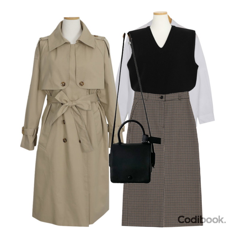 AWAB 까메르트렌치코트(2color),AWAB #MADEAWAB:_클래식베이직셔츠(5color /1+1구매시무료배송♥)),AWAB #MADEAWAB:_매니체크H롱스커트등을 매치한 코디