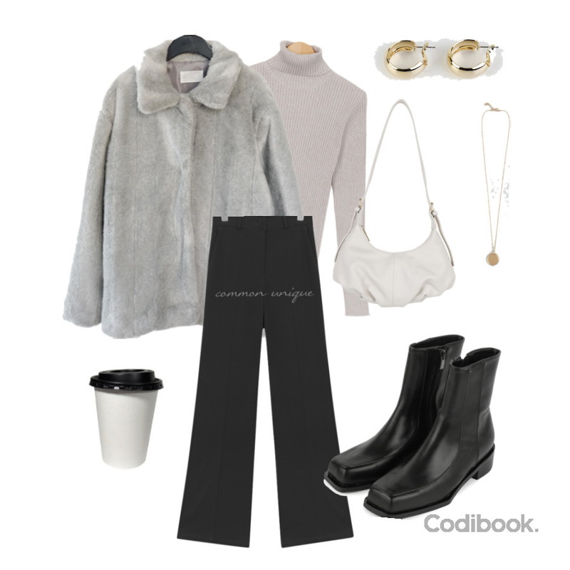 From Beginning Have golgi turtle knit_H (size : free),AFTERMONDAY charming fur jacket (2colors),BANHARU ring and circle necklace등을 매치한 코디