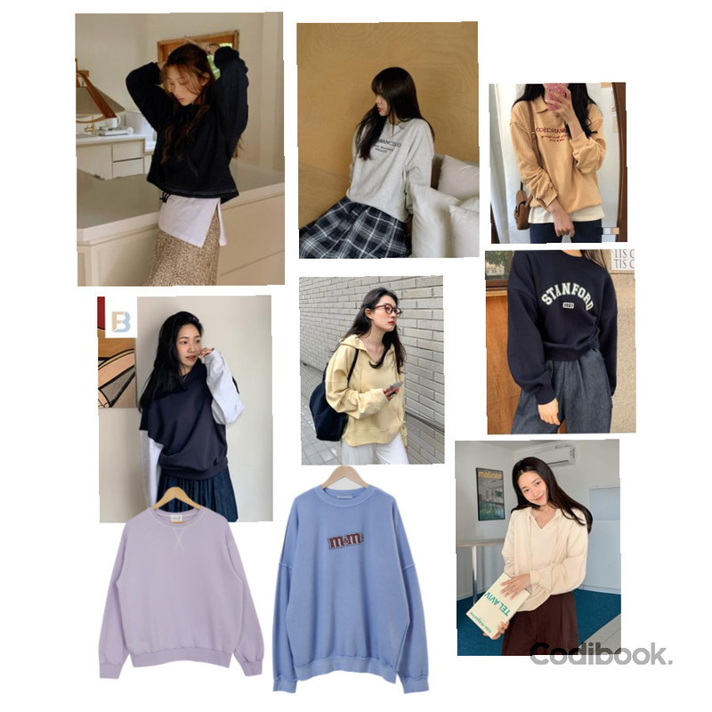 From Beginning Differ loose round mtm (size : free),From Beginning 도로시 브이넥후드맨투맨 (5color),From Beginning M&M프린팅 피그먼트맨투맨 (4color)등을 매치한 코디