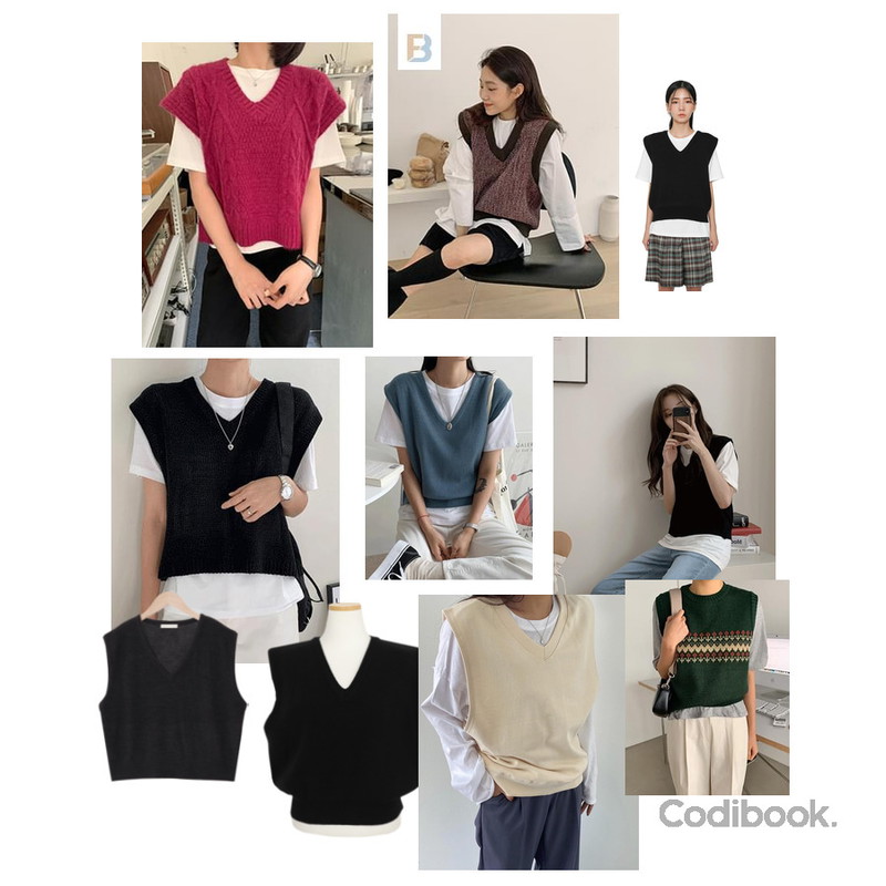 ccomeng 유니크골지니트조끼(4color),simplymood 비바 데일리 브이넥 니트 베스트,From Beginning 빈티지플라워 니트베스트 (3color)등을 매치한 코디