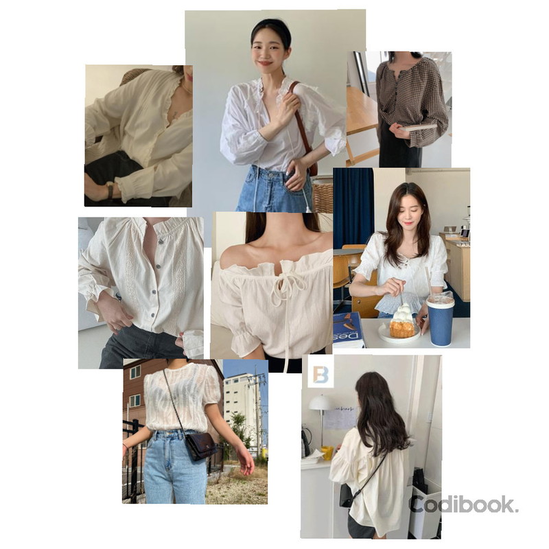From Beginning 모스트 벌룬블라우스 (2color),BANHARU 펀칭레이스 셔링밴딩 블라우스,MASHYELLOW 물결 시스루 블라우스등을 매치한 코디