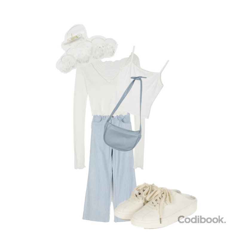 somedayif 서클 믹스 헤어핀,somedayif 에이드 하이라이즈 와이드 팬츠,somedayif 컬러 범프 크로스 숄더 백등을 매치한 코디