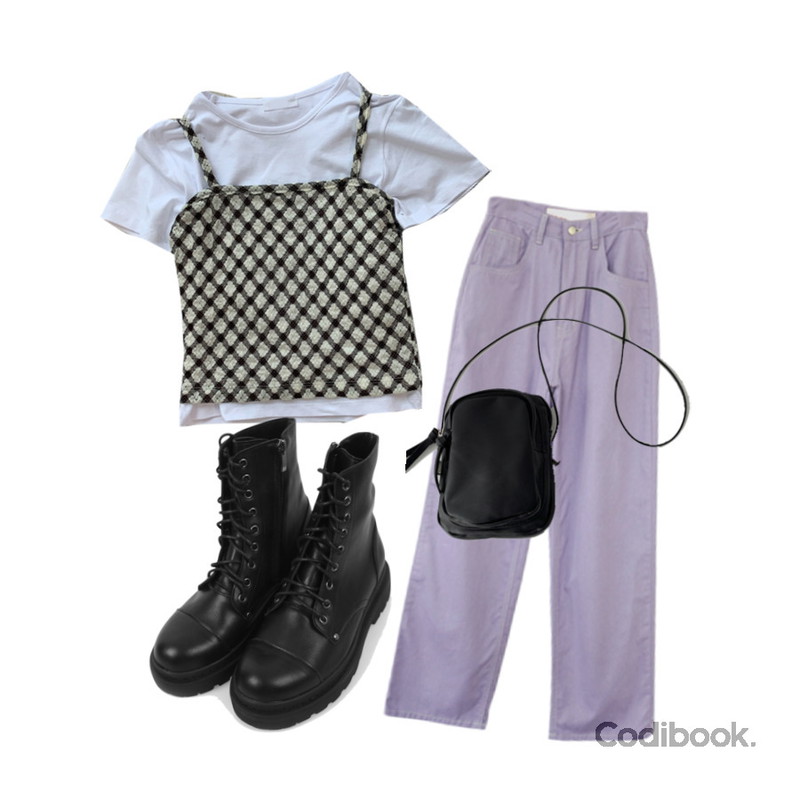AFTERMONDAY kitsch color cotton pants (3colors),ccomeng 다이아체크뷔스티에세트,SOMEPLACE 스트릿 워커부츠등을 매치한 코디