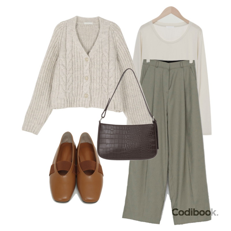 From Beginning Creme two-way bag_A (size : one),From Beginning Rod banding flat shoes_C (size : 225,230,235,240,245,250),From Beginning 웨어 베이직U넥티셔츠 (5color)등을 매치한 코디