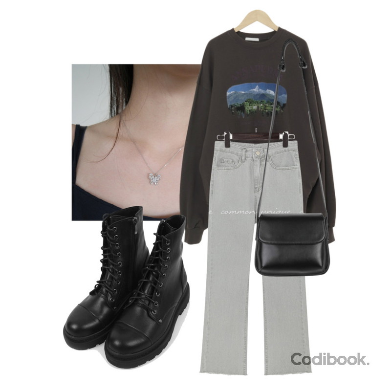 common unique CAVIN CUTTING BOOTS DENIM PANTS,AFTERMONDAY shining butterfly pendant necklace,From Beginning 안나푸르나 프린팅맨투맨 (4color)등을 매치한 코디