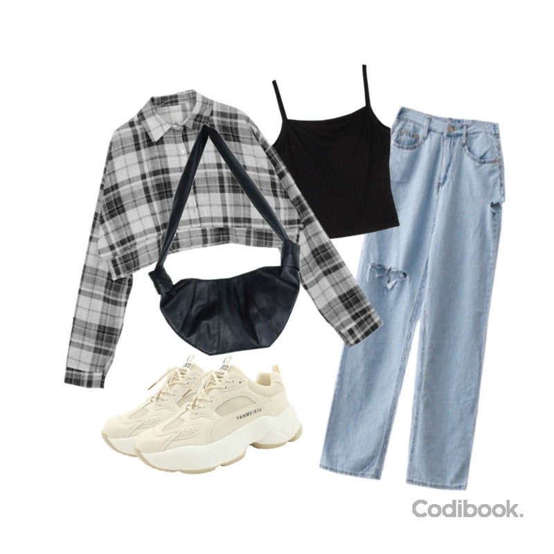 ENVYLOOK 구제썸데님팬츠,binary01 체크 레이니 크롭셔츠,somedayif 올키 슬림 슬리브리스 탑등을 매치한 코디