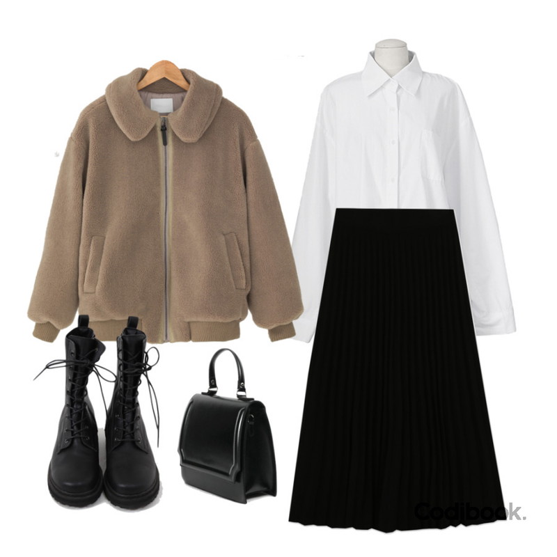 AIN solid square tote bag (2 colors),BANHARU 소프트 뽀글이 부클점퍼,From Beginning 빈티지 레이스업워커부츠 (2color)등을 매치한 코디