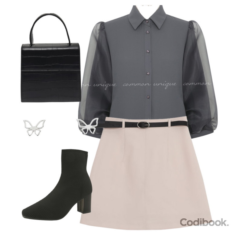 From Beginning Croke square two-way bag_J (size : one),common unique MIO ORGANZA PUFF SLEEVE BLOUSE,AWAB 매닛스커트(벨트세트/하이웨스트)등을 매치한 코디