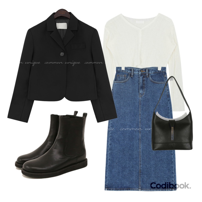 common unique MONTY SLIT DENIM LONG SKIRT,MIXXMIX 데이프 크롭 가디건,somedayif 원 클로징 스트랩 숄더 백등을 매치한 코디