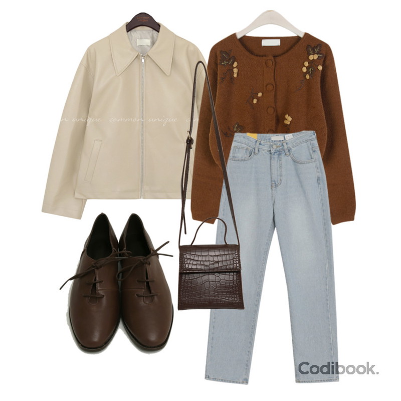 From Beginning Kay square two-way bag_C (size : one),From Beginning Sheep skin lace-up shoes_Y (size : 230,235,240,245,250),common unique CARVE COLLAR LEATHER JACKET등을 매치한 코디