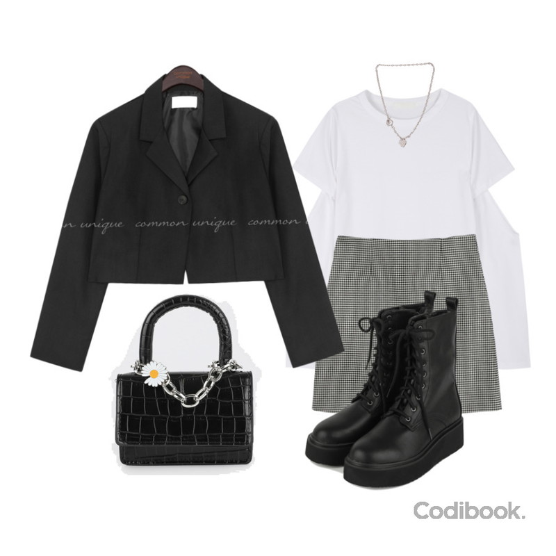 common unique SEED ONE BUTTON JACKET,somedayif 미니 체인 애니멀 패턴 투웨이 숄더 백,binary01 하트 토글목걸이등을 매치한 코디