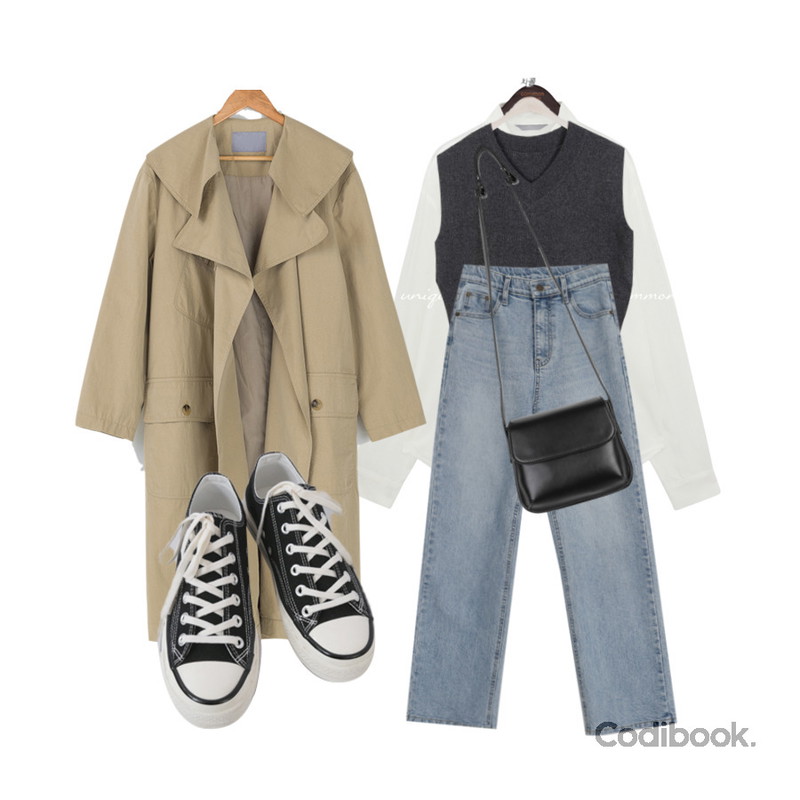 BANHARU 빅카라넥 루즈핏 트렌치코트,AFTERMONDAY basic casual color sneakers (10colors),AWAB (예쁘진)시즌와이드롱팬츠 (ver.시크릿밴딩/와이드롱핏)등을 매치한 코디