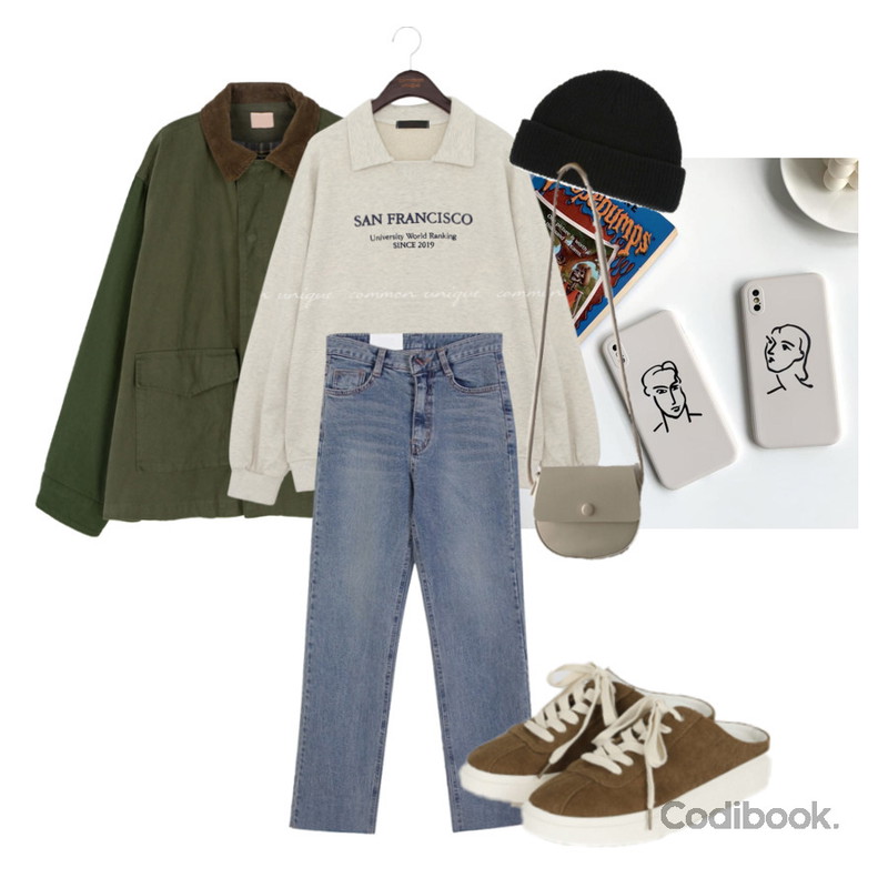 openthedoor short beanie (8 color),AWAB 라운드크로스백,somedayif 노멀 오버핏 파카 코트등을 매치한 코디