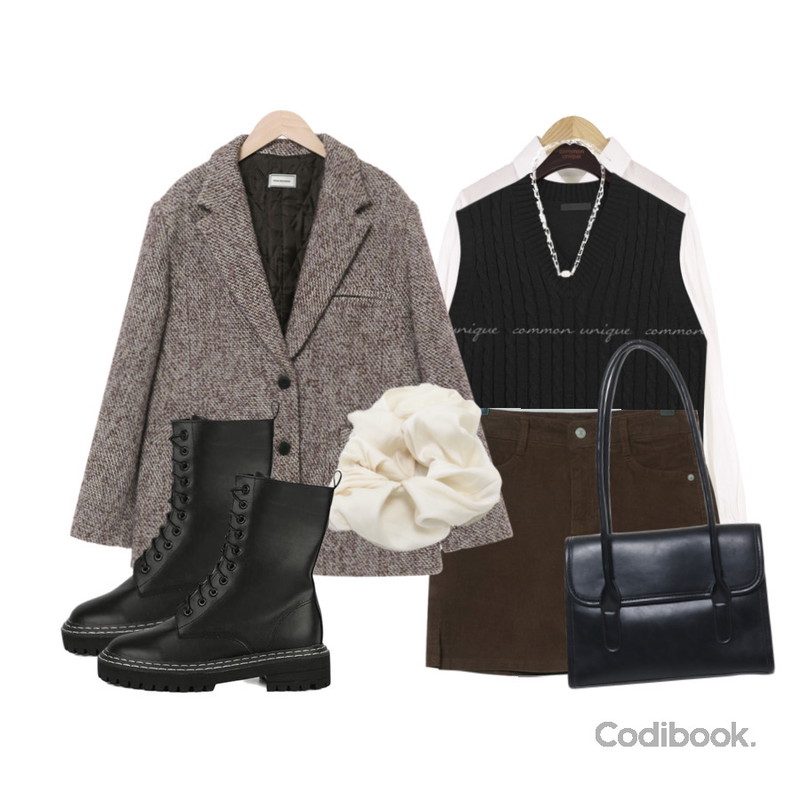 From Beginning 벨로새틴 슈슈헤어밴드 (5color),common unique BAO STANDARD TWIST KNIT VEST,somedayif 프린스 레이스 업 워커 부츠등을 매치한 코디
