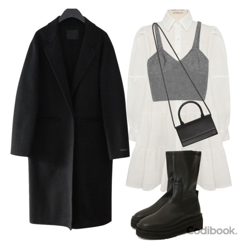 AFTERMONDAY classic mood button coat (2colors),common unique FILO SQUARE MINI BAG,common unique BOSTER CHUNKY ANKLE BOOTS등을 매치한 코디