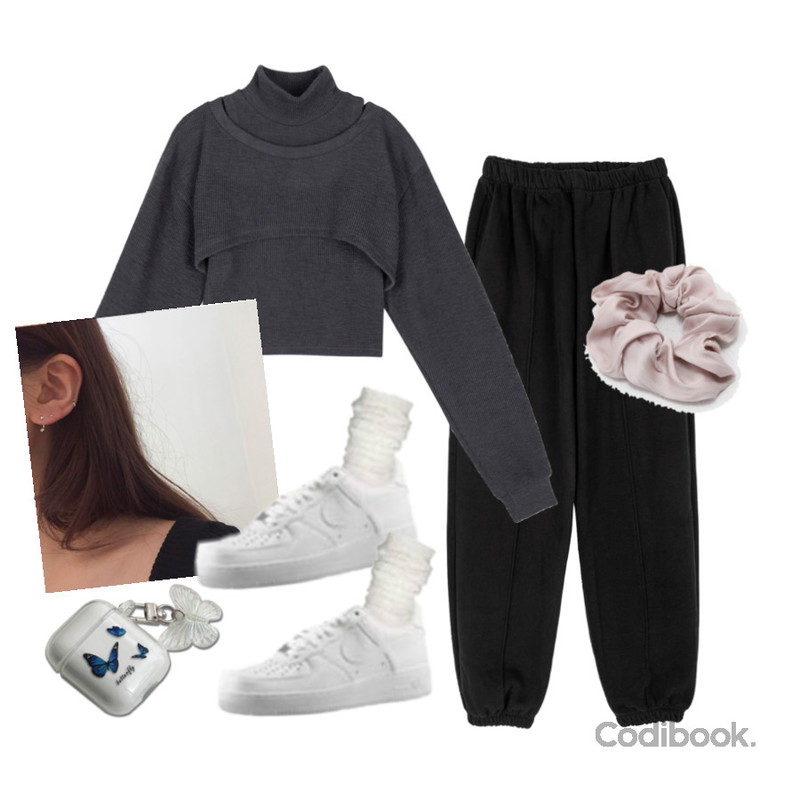 From Beginning 벨로새틴 슈슈헤어밴드 (5color),owler market 블루 나비 에어팟케이스 키링 세트,somedayif 마틸다 터틀넥 슬리브리스 세트 탑등을 매치한 코디