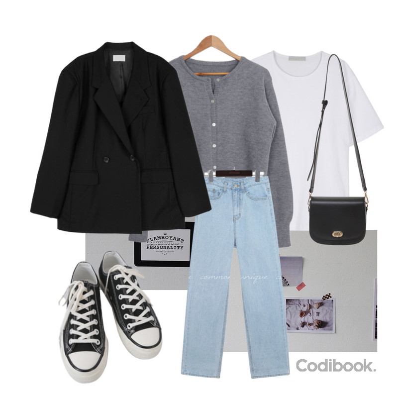 common unique VOYDI ROLL UP WIDE DENIM PANTS,AFTERMONDAY basic casual color sneakers (10colors),AWAB 드온드가디건(4color)등을 매치한 코디