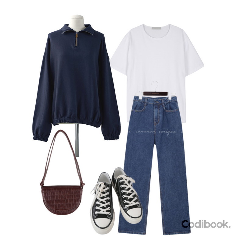 AFTERMONDAY basic casual color sneakers (10colors),somedayif 로아 애니멀 패턴 하프 문 숄더 백,common unique PENCO PINTUCK WIDE DENIM PANTS등을 매치한 코디