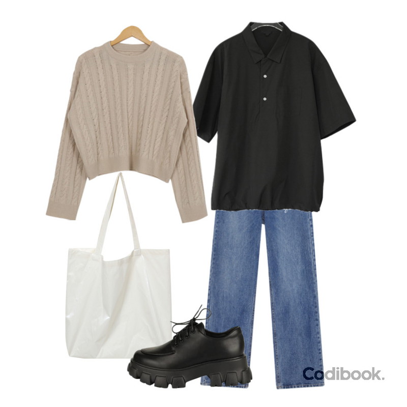 AFTERMONDAY over-fit shirt or anorak (3colors),common unique PUTO WIDE LONG DENIM PANTS,AWAB 버드꽈배기크롭니트(6color)등을 매치한 코디