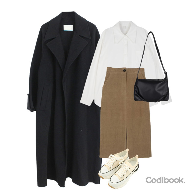 designershoes 통굽 캔버스화 끈 스니커즈 베이지,square101 오엘 숄더백(3color),somedayif 골덴 슬릿 미디 스커트등을 매치한 코디