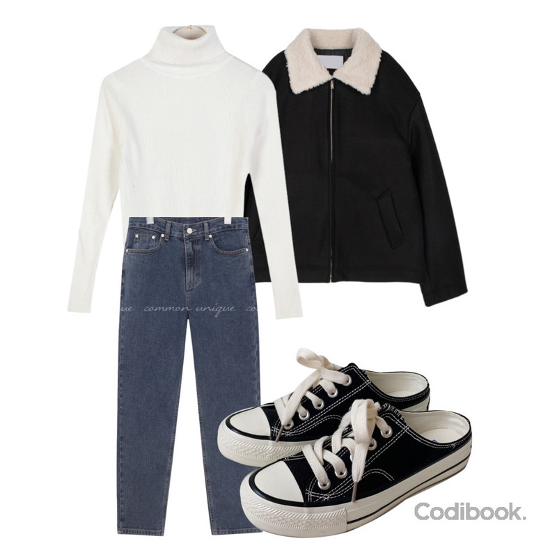 AWAB 센스뮬스니커즈,common unique CENS WASHING BAGGY DENIM PANTS,somedayif 유니섹스 워밍 울 무스탕 재킷등을 매치한 코디