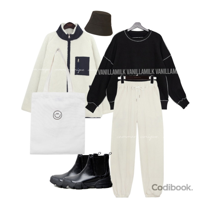 BULLANG GIRL 심플스마일에코백,common unique PLEATS BANDING JOGGER PANTS,VANILLAMILK 젤리 삥줄 오버핏 기모 맨투맨등을 매치한 코디