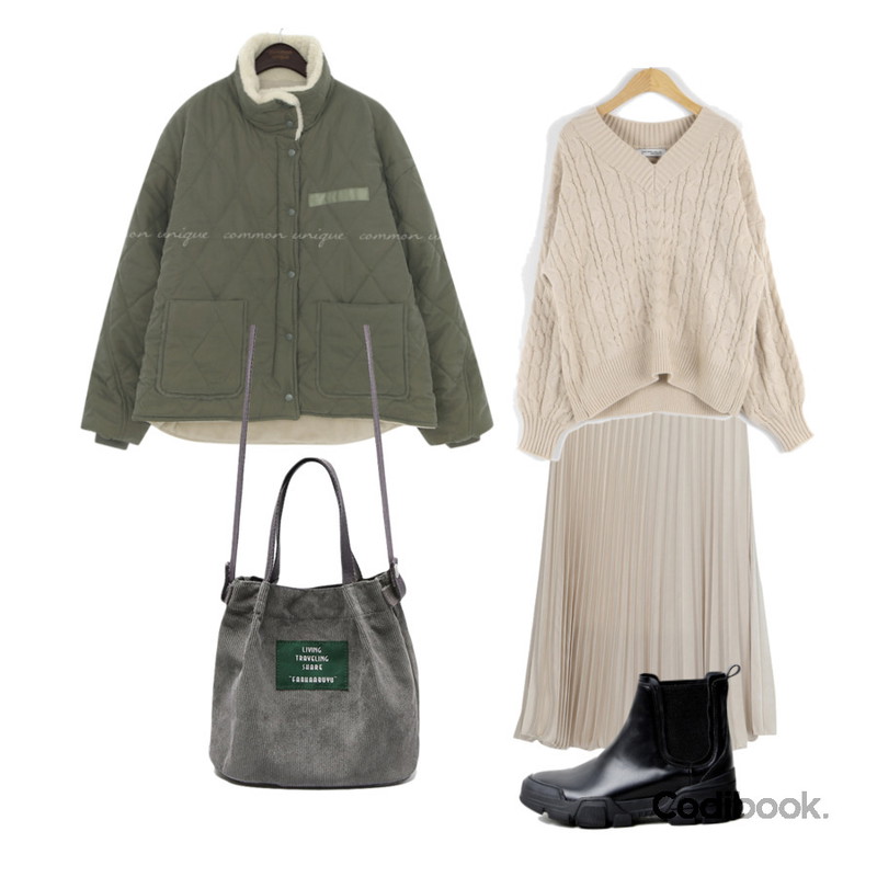 Cats Onepiece 겨울에코백 미니크로스백,AWAB 새틴주름롱스커트,common unique DIV QUILTING DUMBLE COLLAR JUMPER등을 매치한 코디