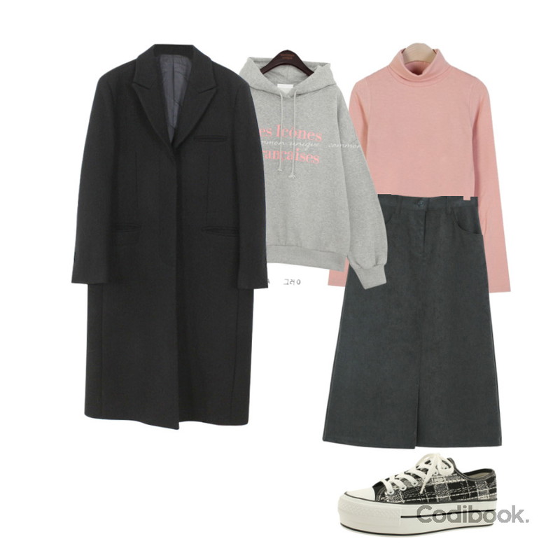 designershoes 모직 체크 통굽 스니커즈 블랙,BANHARU 라이언 세미A라인 스커트,common unique LES NAPPING LETTERING HOOD T등을 매치한 코디