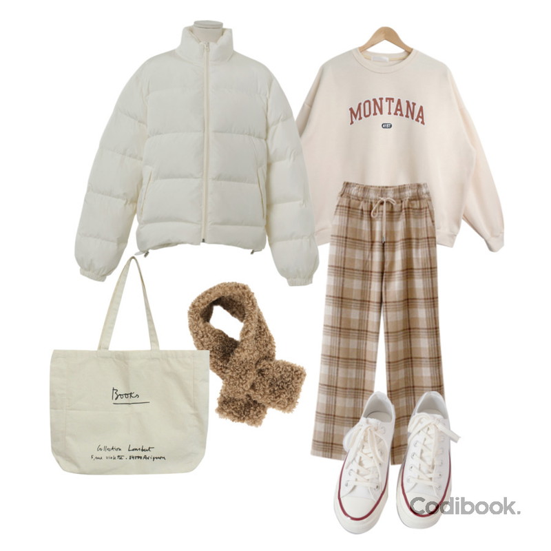 BITDA 로니 에코백 (베이지),AFTERMONDAY basic casual color sneakers (10colors),From Beginning 몽쉘 덕다운패딩점퍼 (5color)등을 매치한 코디