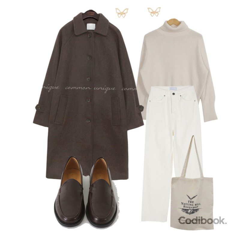 BITDA 노팅에코 bag,somedayif 모던 버터플라이 이어링,common unique ELF WOOL RAGLAN SINGLE COAT등을 매치한 코디