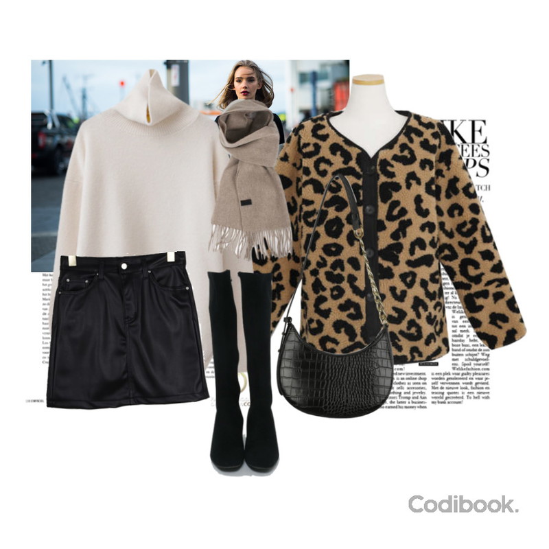 AIN plain daily wool muffler,somedayif 하퍼 애니멀 패턴 체인 숄더 백,square101 세임 기모 레더 스커트(1color)등을 매치한 코디